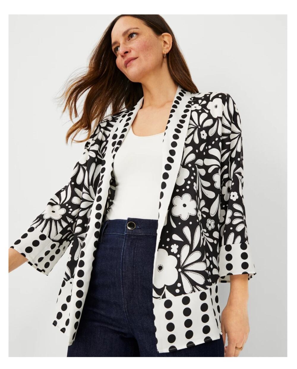 Ann Taylor Black and White Kimono Jacket Size Large NEW Open Jacket Career Silky